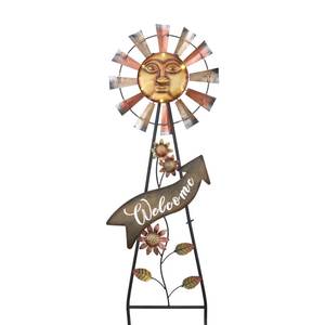 lot 60229 image: TERESAS COLLECTIONS Garden Decor with Solar Outdoor Lights, Wind Spinner Yard Art Sign for Outside, 37 Gold Metal Sun Face Windmill Garden Stake for Backyard Patio,Yard Decor for Dad