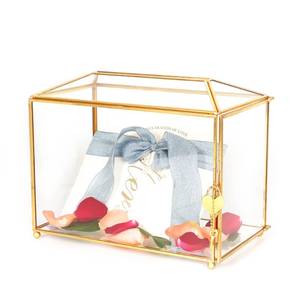 lot 60232 image: WHSLILR 12.6 Glass Card Box Wedding Card Box with Lock for Wedding Reception Cosmetic Home Decor, Handmade Large Geometric Terrarium with Hinged Lid, Brass Frame - (GoldenRoof)