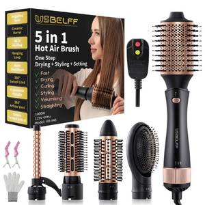 lot 60241 image: Hot-Air Blow Hair Dryer Brush - Set for One Step Drying and Styling Hair, Negative Ionic, Ceramic Barrel, Detachable, Multiple Temp Settings for Women Middle to Long Hair, Black-Golden