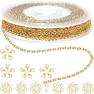 lot 60250 image: Jishi 33ft Gold Chain Stainless Steel 2mm Jewelry Chain Links for Making Necklace Earring Bracelet DIY Craft Supplies Findings, Gold Plated Metal Cable Rolo Link Chain Roll wLobster Clasps Jump Rings