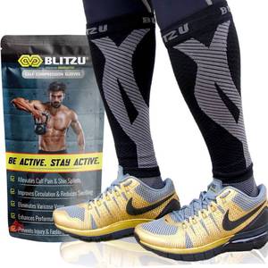lot 60268 image: BLITZU Calf Compression Sleeves for Men and Women. Footless Compression Socks Support for Varicose Vein, Nursing, Running. Leg Sleeve Brace for Shin Splints, Pain Relief & Reduces Swelling Black L-XL