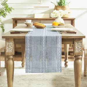 lot 60315 image: Cstalstal Rustic Linen Table Runner, Boho Farmhouse Hollow Table Runners 72 Inches Long for Kitchen Dining Room Party Bedroom Dresser Decor, Blue, 13x72 Inches