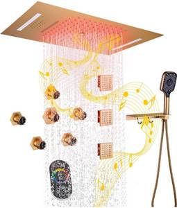 lot 8306 image: MONDAWE 23 Inch Flush-Mounted Thermostatic Shower System with Body Jets in Brushed Gold, Retails-$1200