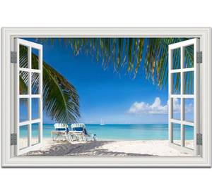 lot 8332 image: Ocean Wall Art Decor for Living Room Large Beach Canvas Picture for Wall Window Frame Style Palm Tree Artwork Coastal Art Print for Bedroom Blue Seascape Painting RETAILS $120