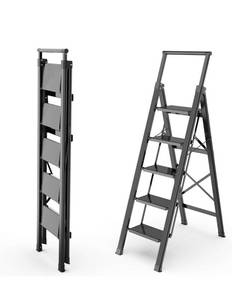 lot 8357 image: HBTower Step Ladder 5 Step Ladder Folding Aluminum Step Ladder with Wide Pedal,Portable Lightweight Step Ladder with Handgrip Stepladder for Home, Kitchen, Black RETAILS $120