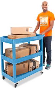 lot 8362 image: Stand Steady Tubstr 3 Shelf Utility Cart  Made in USA  Heavy Duty Tub Cart Holds Up to 300 lbs.  Storage Cart & Rolling Tool Cart for School, Office, Garage & Warehouse (32 x 24in  Blue) RETAILS $190
