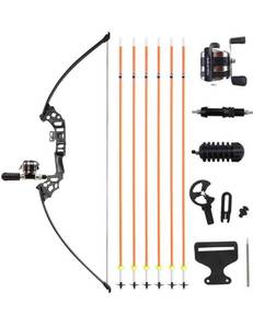 lot 8432 image: 50 Recurve Bowfishing Kit 40lbs Bowfishing Bow with Reel Kits Archery Straight Bow Right Handed for Outdoor Hunting Fishing RETAILS $120