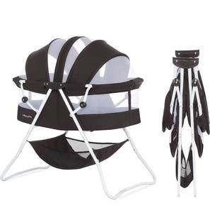 lot 8438 image: Karley Bassinet in Black, Lightweight Portable Baby Bassinet, Quick Fold and Easy to Carry , Adjustable Double Canopy, Indoor and Outdoor Bassinet with Large Storage Basket.