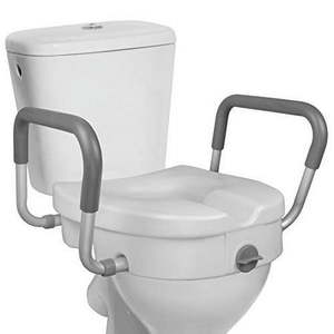 lot 8454 image: RMS Raised Toilet Seat - 5 Inch Elevated Riser with Adjustable Padded Arms - Toilet Safety Seat for Elongated or Standard Commode RETAILS $99