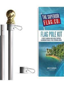 lot 8461 image: Heavy-Duty Six Foot Aluminum Flag Pole with Gold Ball Topper and Aluminum Tangle-Free Spinning Rings Wind Resistant and Rust-Free 1in Diameter Flagpole for House, Porch
