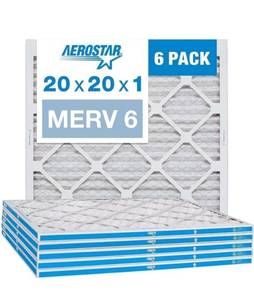 lot 8470 image: Aerostar 20x20x1 MERV 6 Pleated Air Filter, AC Furnace Air Filter, 6 Pack (Actual Size 19 34 x 19 34 x 34)