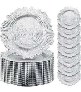 lot 8526 image: 25 Pcs 13 Inch Charger Plates Bulk Plastic Plate Chargers with Floral Reef Design Round Ruffled Rim Dinner Charger Plates for Dinner Wedding Party Event Table Setting Decor (Silver)