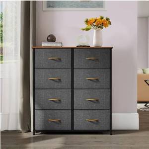 lot 8553 image: 8 Drawer Vertical Dresser with Fabric Drawers, Black Frame and Brown Wood Top