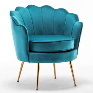 lot 8578 image: Velvet Barrel Accent Chair with Scalloped Silhouette, Throw Pillow, and Gold Metal Legs, Greenish Blue, Retails-$150