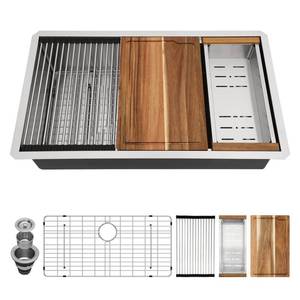 lot 170096 image: Retails $290 Couoko Stainless Steel Undermount Kitchen Sink 33 Inch 16 Gauge Kitchen Sink Undermount Workstation Round Corners Single Bowl Under Counter Kitchen Sinks Basin, 33x19x9
