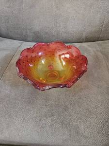 lot 4380 image: Vintage Amberina Glass Hobnail Footed Serving Bowl Decorative Home Orange and Red Glass Dish