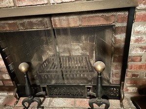 lot 703 image: MCM fireplace screen, sconces and poker set