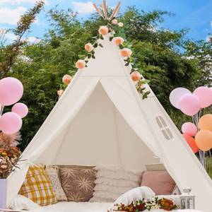 lot 66722 image: Off-White Teepee Tent Indoor with Bag, Outdoor Picnic Teepee, 87 H Tall- 5 Sides Large Cotton Sleepover Tent, Beach Tent for Party, Adult Wedding Teepee