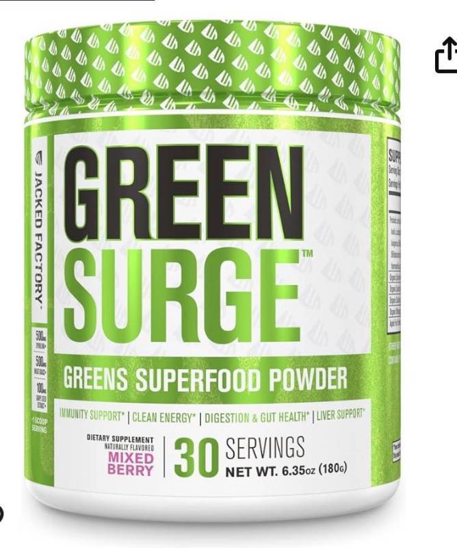 lot 111117 image: Jacked Factory Green Surge Green Superfood Powder - Keto Friendly Greens Drink wSpirulina, Wheat & Barley Grass, Organic Greens - Green Tea Extract, Probiotics & Digestive Enzymes - Mixed Berry (Retail $22.49)