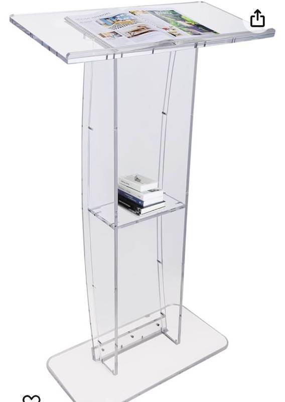 lot 28858 image: Acrylic Podium, 47 Tall, Clear Acrylic Podium Stand with Wide Reading Surface & Storage Shelf, Floor-Standing Clear Pulpits Acrylic for Church Office School Clear (Retail $209.99)