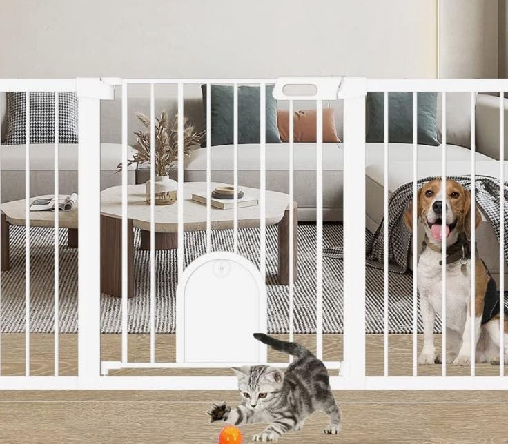 lot 31416 image: Moms Choice Awards Winner-TSAYAWA Extra Wide Baby Gate with Cat Door Walk Through, 30-57 Small Pet Gate for Puppy Dog Doorway Stair - Pressure Mounted Child Safety Gate Stand 30 inch Tall (Retail $99.99)