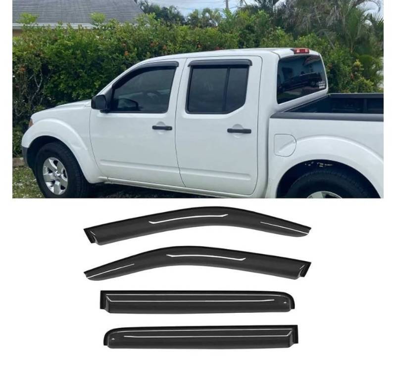 lot 33575 image: 94407 Side Window Wind Deflector,4pcs Out-Channel Tape On Dark Smoke Nice Rain Guards Set, Window Visor fit for 2005-2022 Nissan Frontier Crew cab (with 4 Full Size Doors) (Retail $39.99)
