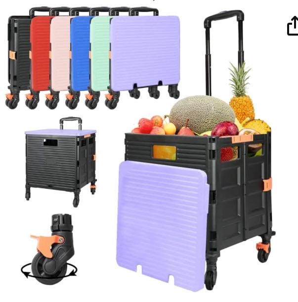 lot 33598 image: Foldable Utility Cart Rolling Crate Handcart 110lbs Large Capacity Shopping Cart with 360°Rotate Noiseless Wheels & Telescoping Handle for Transports Groceries Office School Use Blue( (Retail $69.99)