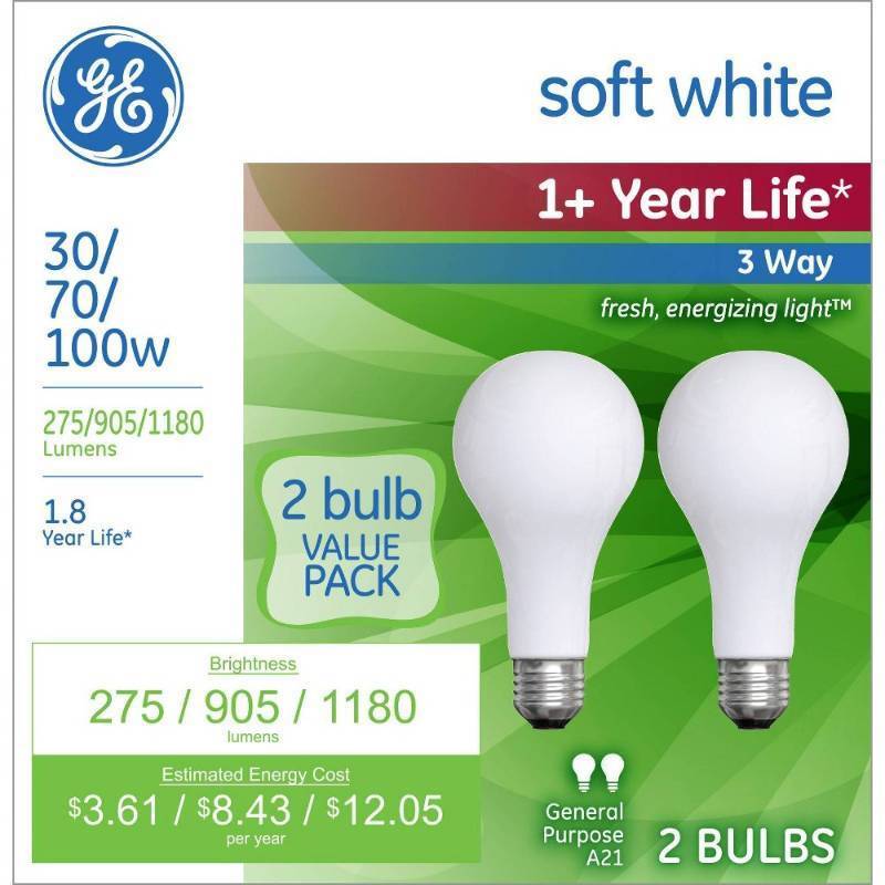 lot 33608 image: GE 2pk 3070100W 3 Way Long Life Incandescent Light Bulb White (2 boxes 4 bulbs total)