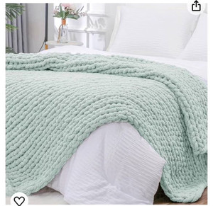 lot 38015 image: Two Sparrows Sage Green Ultra Soft Chunky Knit Blanket Throw Handmade Chenille Knitted Throw Blanket for Bed Large Knit Blanket Chunky Yarn Thick Cable Knit Crochet Blanket for Couch Bed Sofa 51x63 Retail $59.99)