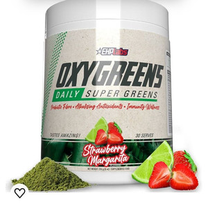lot 37076 image: EHPlabs OxyGreens Super Greens Powder - Spirulina & Chlorella Superfood, Green Juice Powder & Greens Supplements with Prebiotic Fibre, Antioxidants & Immunity Support, 30 Serves (Strawberry Margarita) (Retail $44.77)