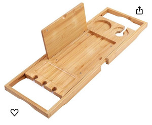 lot 37077 image: Utoplike Bamboo Bathtub Caddy Tray Bath Tray for Tub, Adjustable Bathroom Bathtub Organizer with Book Tablet Wine Glass Cup Towel Holder,Distinctive Gift (24.5-37.4) (Retail $32.99)