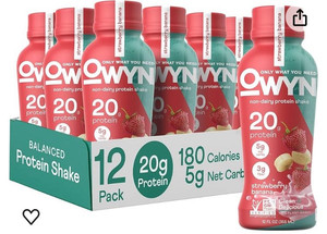 lot 40006 image: Owyn, Vegan Protein Shake, Strawberry Banana,11.15 Fl Oz (Pack of 12), 100-Percent Plant-Based, Dairy-Free, Gluten-Free, Soy-Free, Tree Nut-Free, Egg-Free, Allergy-Free, Vegetarian, Kosher (Retail $36.99)