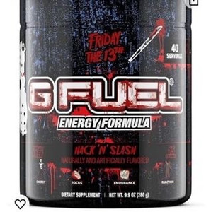 lot 46074 image: G Fuel Friday 13th Hack n Slash Energy Powder, Sugar Free, Clean Caffeine Focus Supplement, Water Mix, Citrus Fruit Punch Flavor, Focus Amino, Vitamin  Antioxidents Blend, 9.9 oz (40 Servings)(Retail $35.99)