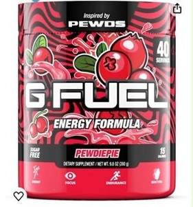 lot 46076 image: G Fuel PewDiePie Energy Powder, Sugar Free, Clean Caffeine Focus Supplement, Water Mix, Lingonberry Flavor, Focus Amino, Vitamin  Antioxidants Blend - 9.8 oz (40 Servings) (Retail $33.50)