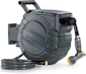 lot 2982009 image: Retractable Garden Hose Reel 12 in x 100 ft Upgraded UV Resistant Heavy Duty Automatic Hose Reel Wall Mount 34 in Brass Fitting 9 Pattern Nozzle Any Length Lock Slow Retraction 180° Swivel