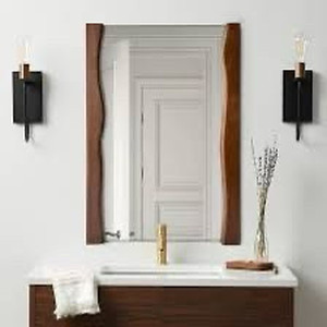 lot 2982016 image: Rectangle Wood Bathroom Mirror with Live Edge Wooden Frame, Asymmetrical Mirror 20 x 28 Inch Vanity Mirrors for Entryway, Living Room, Bedroom, Walnut Brown