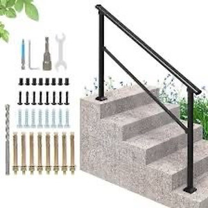 lot 2982033 image: Signstek Handrails for Outdoor Steps, 5 Step HandRail Fit 1 to 5 Steps Outdoor Stair Railing, Metal Porch Railing, Deck Handrail, Black Wrought Iron Railing with Installation Kit for Concrete Steps