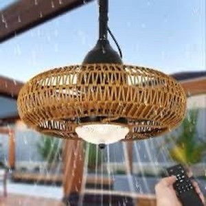 lot 2982035 image: Airposta 220V Waterproof Outdoor Ceiling Fan with Lights Remote Control, Wet Rated Gazebo Fan with 3 Color Temperatures&Dimmable LED Light, Boho Rattan Plug in Ceiling Fan for Indoor Bedroom Patios