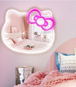 lot 2982066 image: Anime Hello Kit Mirror with Light Neon Signs for Wall Decor, Neon Mirror with Dimmable for Teen Girl Gifts ��Wall Mirror neon Sign Room Decor