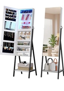 lot 2982074 image: LVSOMT 3 LEDs Mirror Jewelry Cabinet, 42.5 Jewelry Mirror with Full Lenght Mirror, Standing Jewelry Mirror Armoire, Mirror with Storage for Jewelry Cosmetics, White