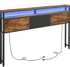 lot 2982078 image: HOOBRO King Size Headboard, LED Headboard with 2 Storage Shelves, Storage Rack with 2 Outlets and 4 USB Ports, Adjustable Height, Sturdy and Stable, Easy Assembly, Rustic Brown and Black