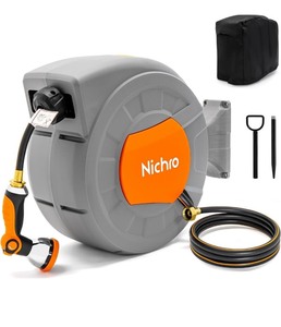 lot 2982092 image: Retractable Garden Hose Reel Wall Mount, Nichro 12�100ft Automatic Garden Hose Reel with Cover, 10 Pattern Hose Nozzle, Auto RewindAny Length LockOptional Installation Modes