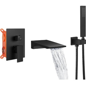 lot 2982098 image: Matte Black Waterfall Wall Mounted Bathtub Faucet With Bathroom Tub Filler Spout Hand held Shower Sprayer, Modern Solid Brass Bath tub Shower Faucet Set��Rough-in Valve Included��