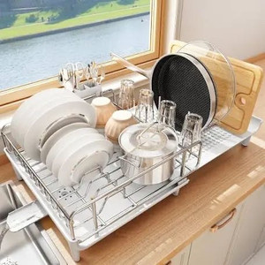 lot 2982295 image: Dish Drying Rack - Expandable Dish Rack for Kitchen Counter, Large Dish Drainer with Pan Holder, Stainless Steel Dish Strainer with Cup Holder and Utensil Holder, White