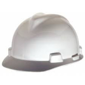 lot 2982240 image: 5-Pack Hard Hats Impact Resistant, v-Guard Slotted Cap, Type 1, Class E, Silver, (Fresh Mark Insignia)