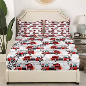 lot 4015 image: Red Vehicles Bedding Sets Boys Fire Truck Fitted Sheet Twin Size,Fire Rescue Car Bed Sheets for Child Teens Youth Man,Fire Engine Grey Wheel Track Kids Car Theme Room Decor