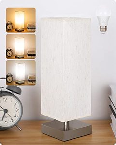 lot 4033 image: Bedside Table Lamp - Small Bedroom Lamps for Nightstand, 3-Color Options Brushed Nickel Metal Lamps with Modern Fabric Shade Reading Nightstand Lamps for Living Room, Dorm, Office (LED Bulb Included)