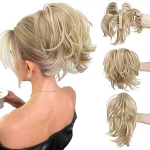 lot 4043 image: CJL HAIR Claw Clip Short Ponytail Hair Extensions Bendable Metals Messy Bun Hair piece Wavy Curly Fake Hairpieces (Dirty Blonde, Straight,8inch)