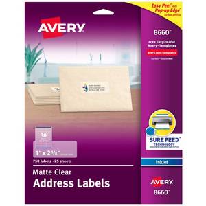 lot 4063 image: Avery Printable Address Labels with Sure Feed, 1 x 2-58, Matte Clear, 750 Blank Mailing Labels (08660)
