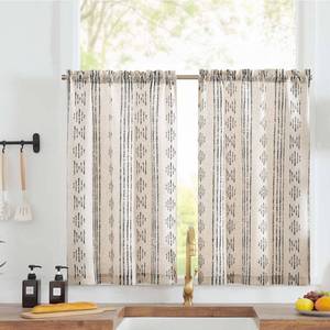 lot 4065 image: jinchan Boho Kitchen Curtains Linen Tier Curtains 45 Inches Bohemian Small Cafe Curtains Striped Farmhouse Rustic Curtains for Bathroom RV Camper Light Filtering Rod Pocket 2 Panels Black on Beige